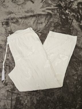 Soft Surroundings Light Cream Crane Print pull On Wide Leg Lounge Pants Sz Large